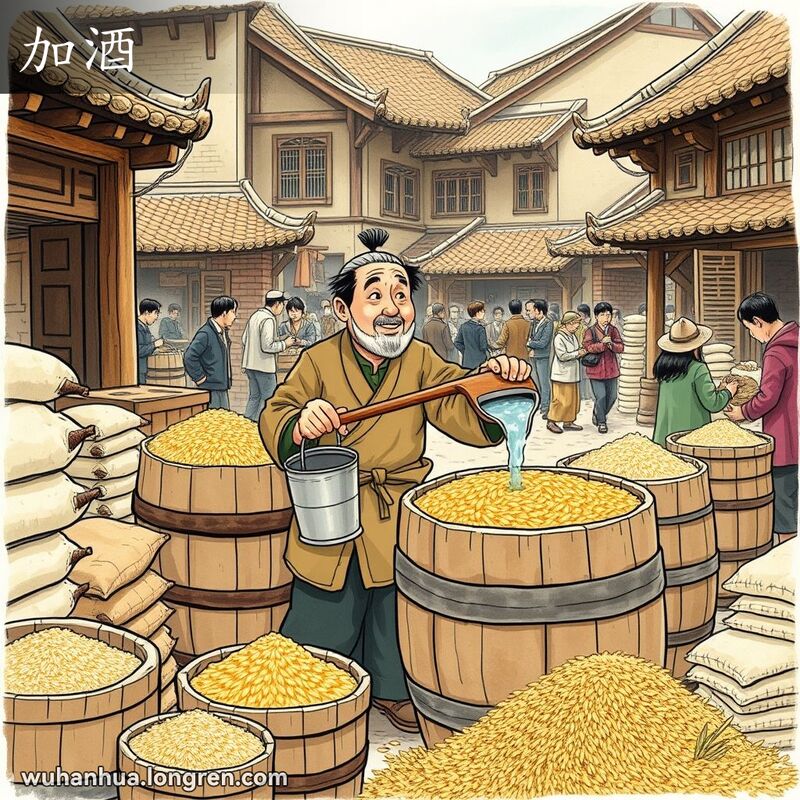 武汉旧时粮食市场，商贩正在往粮食桶中加水，背景是忙碌的交易场面