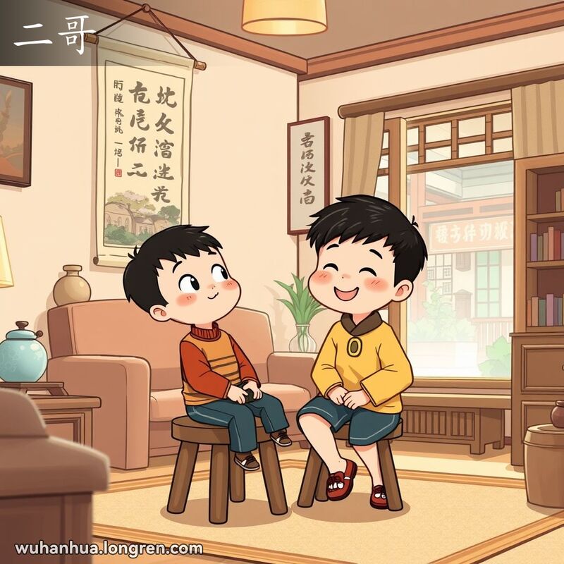 一个小男孩坐在木凳上，仰慕地看着他的二哥，二哥站在他身旁，露出温柔的微笑，背景是传统的武汉家庭客厅。