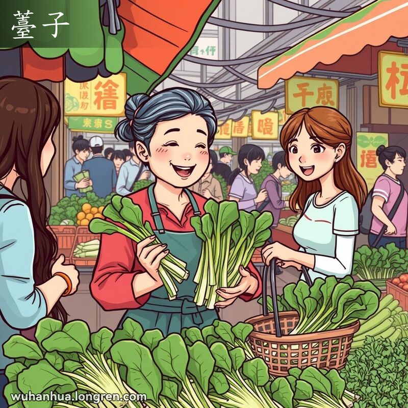 武汉市场摊位上，摊主手持新鲜的薹子向顾客推荐，背景是热闹的市场场景。
