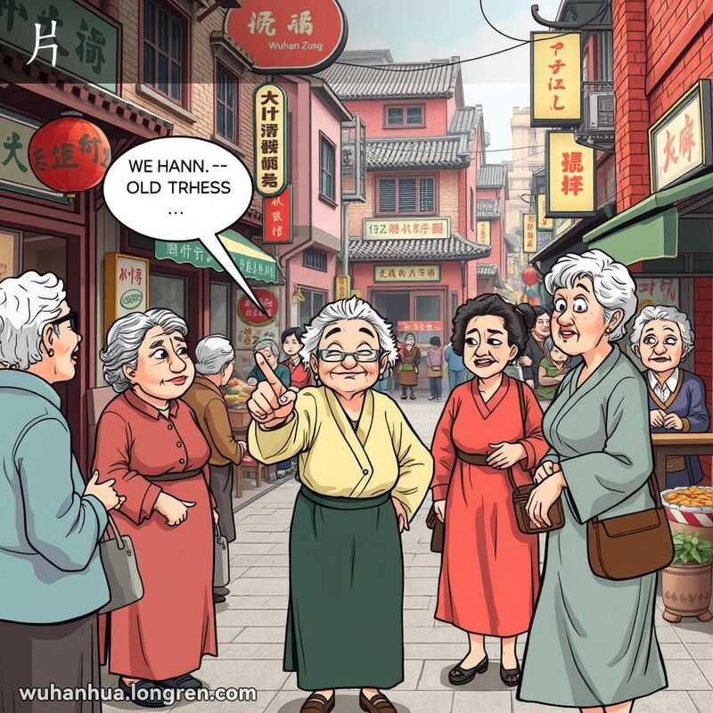 武汉老街上，几位老年妇女聚在一起聊天，其中一位指着一位现代装扮的女子，露出不屑的表情，背景是老街景象。