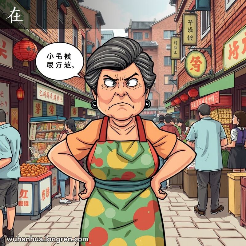 一位中年妇女站在武汉街道上，双手叉腰，表情不满，背景是忙碌的市场和老街景