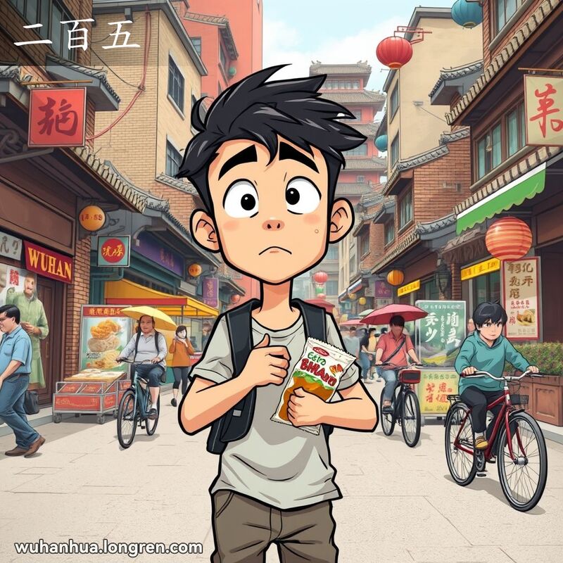 一位年轻人站在武汉街头，表情困惑又倔强，显得有些傻气，背景是武汉的老街景