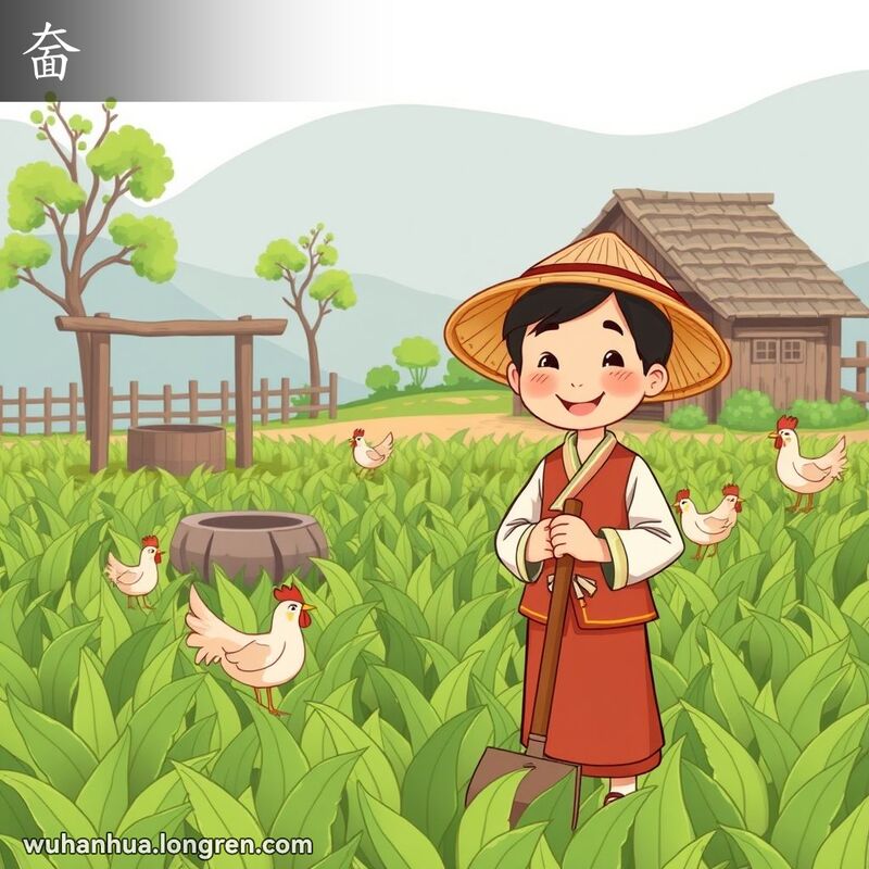一位憨厚的武汉农民站在田地中，手持锄头，脸上带着温暖的笑容，背景是乡村景象