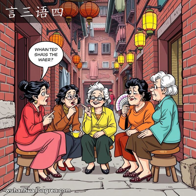 一群中年妇女在武汉的窄巷中围坐在小板凳上，背景是传统的红砖墙和挂着的灯笼，她们正在八卦，脸上和手势都表现出夸张的表情，窃窃私语并指指点点。