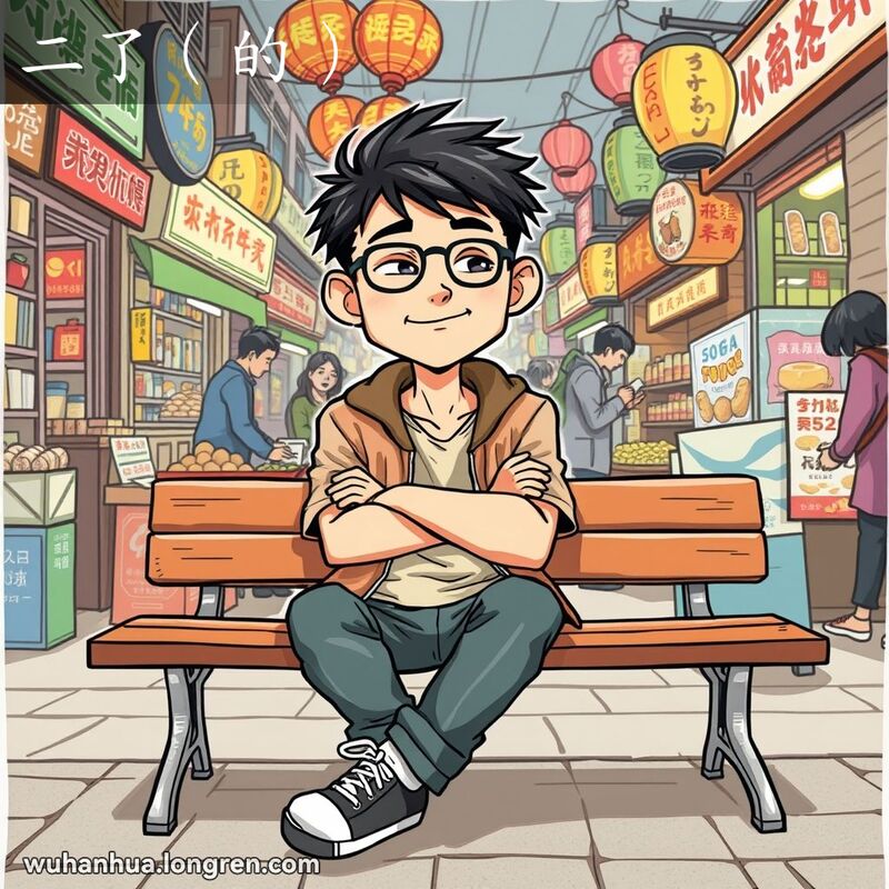 一位年轻的武汉市民坐在市场长椅上，表情满不在乎，背景是忙碌的市场和摊贩