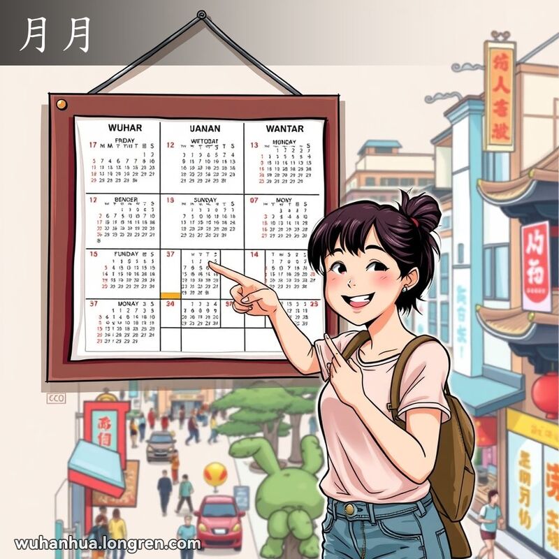 一位年轻女子微笑着指向墙上的日历，背景是武汉的繁忙街景，象征着每个月的流逝。