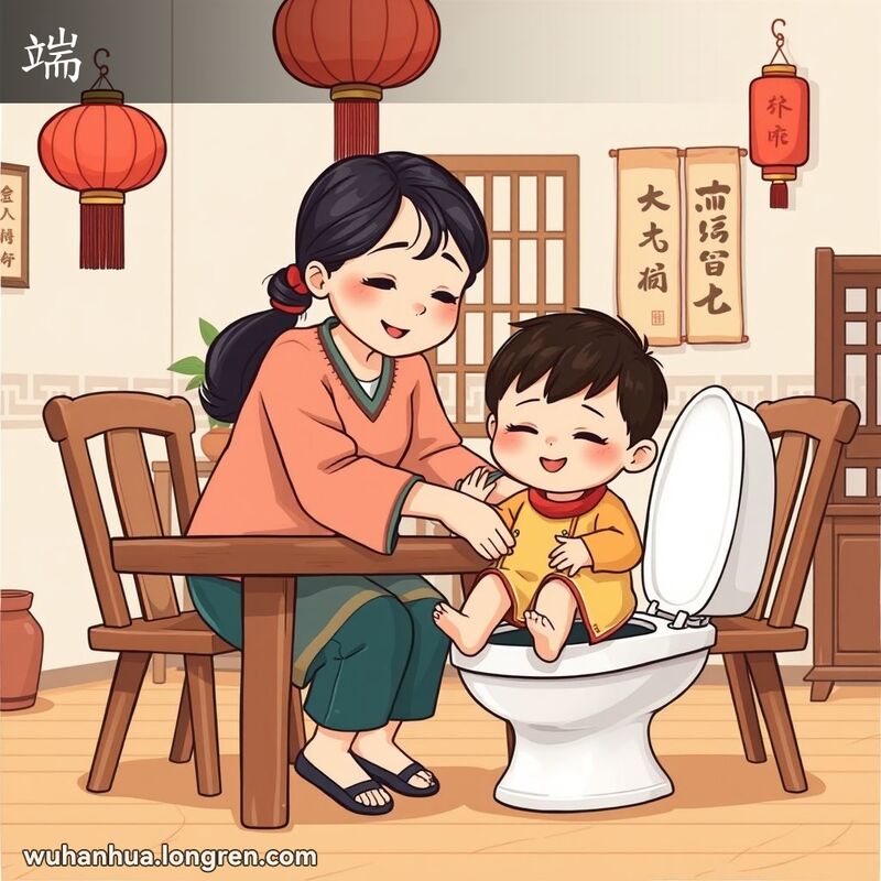 一位武汉母亲在家中温馨的环境中，温柔地托起小孩的双腿，帮助小孩如厕，背景有传统的中国家居装饰。