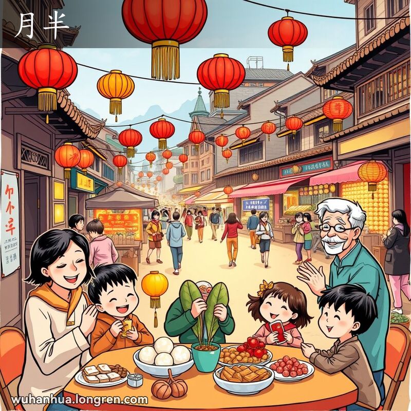 武汉市民在元宵节期间围坐享受汤圆和彩灯，背景是繁忙的市场和手持灯笼的行人