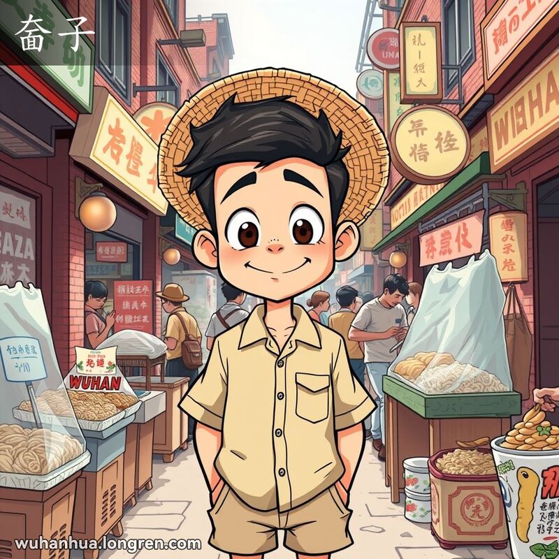 一位年轻的武汉男子站在热闹的街边市场中，脸上带着憨厚的笑容，眼神中透着困惑但友善，背景是武汉传统的街边市场。
