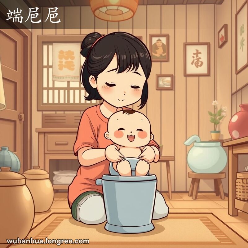 一位年轻的母亲在家中温柔地抱着宝宝，让宝宝在小便盆上方排便，背景是温馨的家庭环境