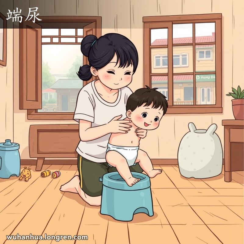 一位武汉母亲在家中扶着小孩在小便盆上小便，背景有玩具和武汉街景