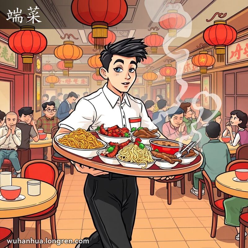 一位武汉餐馆服务员端着一盘热气腾腾的菜肴，背景是热闹的餐厅和用餐的顾客