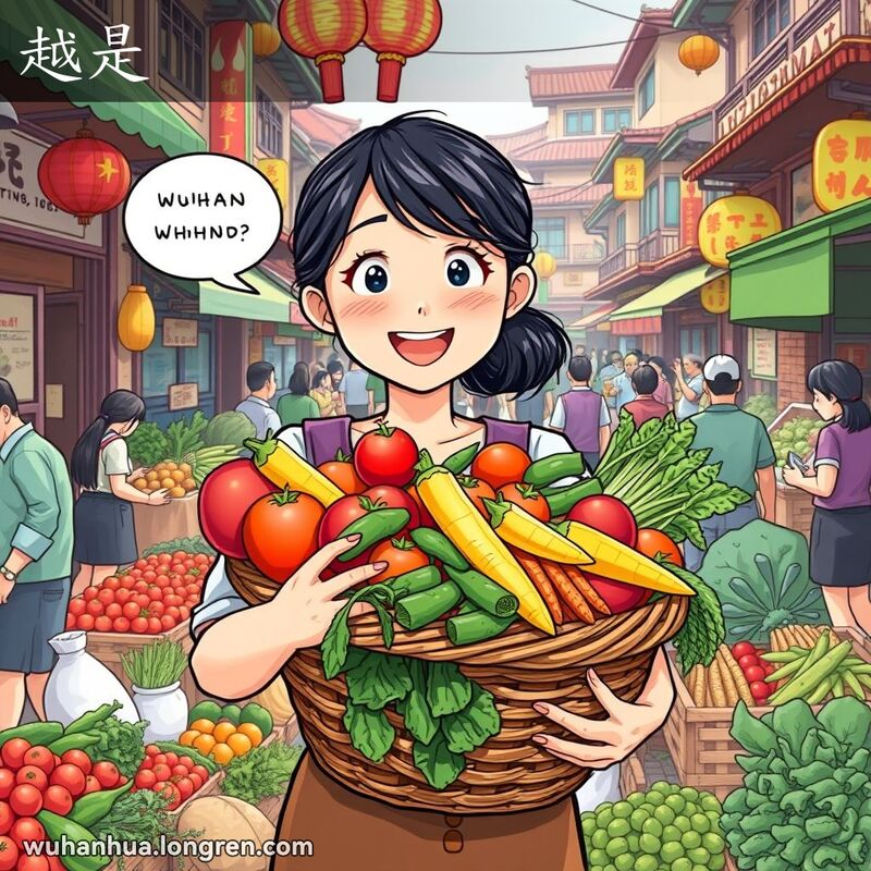 一位武汉女子在市场中手持满篮蔬菜，露出惊喜表情，背景是热闹的市场景象