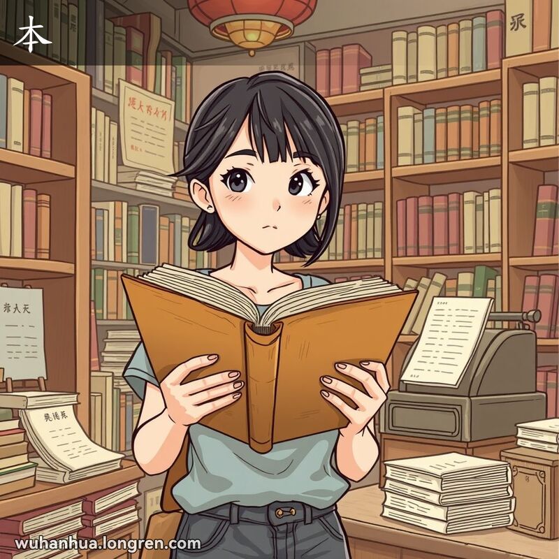一位年轻女子在武汉传统书店中手持一本旧书，背景有木质书架和旧式收银台