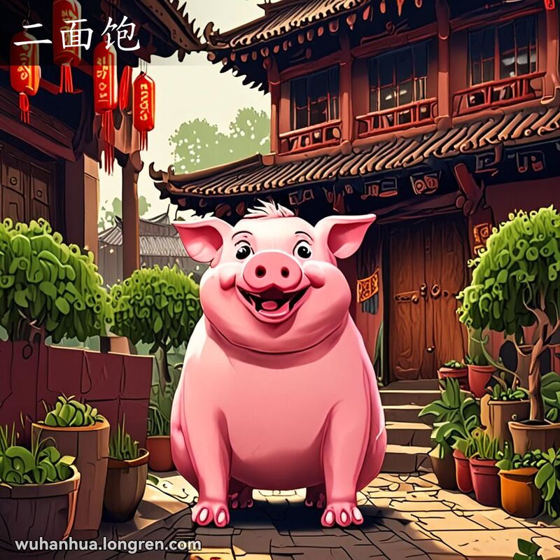 一只胖乎乎、满足的猪站在武汉传统庭院中，周围是丰盛的食物，表情显得非常饱足和满意。