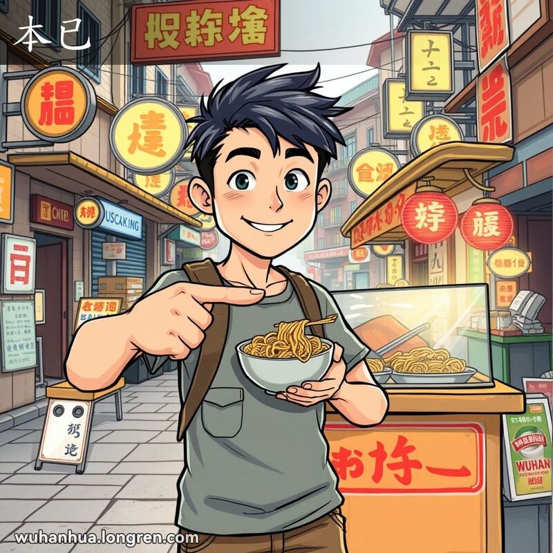 一位年轻的武汉男子自信地站在小吃摊前，指着热干面，背景是繁忙的武汉街头