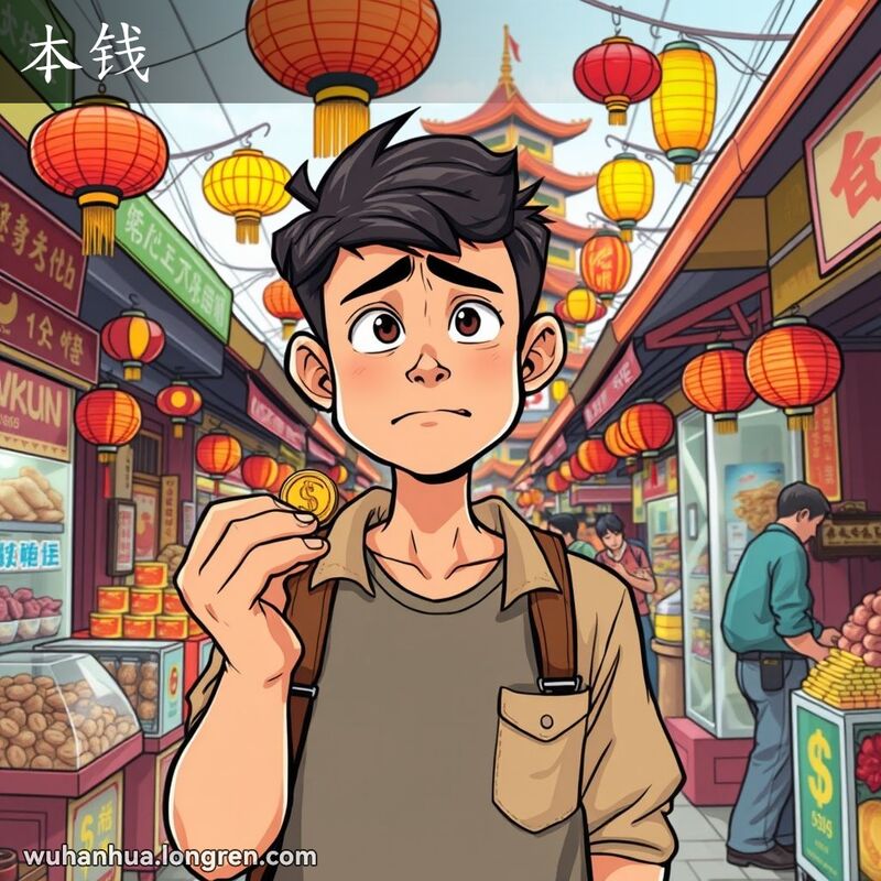 一位年轻男子在武汉街市中手握硬币，露出担忧的表情，背景是热闹的市场和黄鹤楼