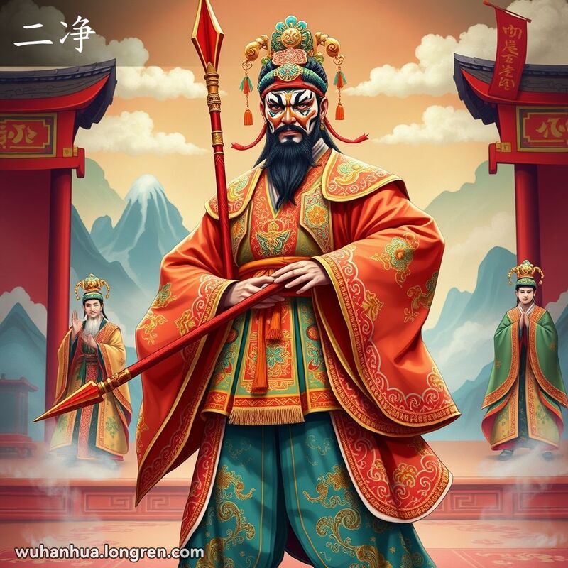 汉剧舞台上，一位脸谱浓墨的二净角色手持道具，威严站立，背景有山水布景和其他演员