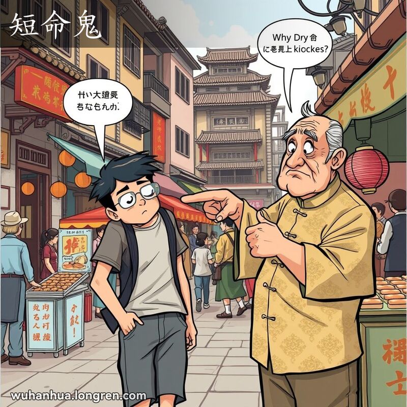 一位年轻人在武汉老街上行走，一位老人指着他，露出不满的表情，背景是热闹的市场和老建筑