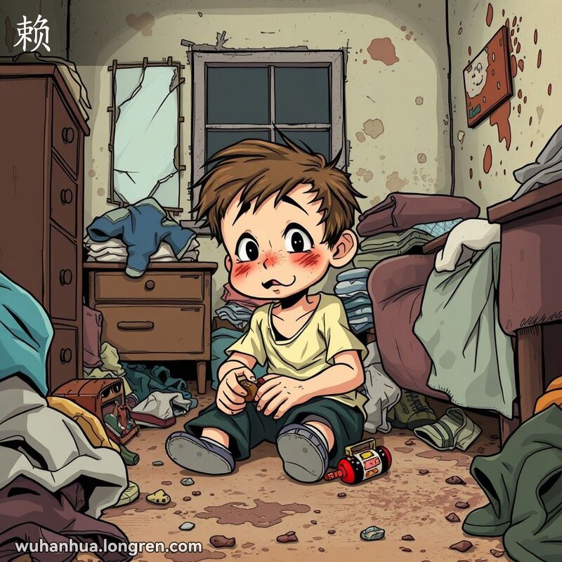 一个脏乱的房间，地上堆满旧衣服和玩具，小男孩坐在地上玩耍，墙壁和窗户都显得破旧不堪