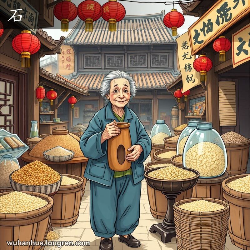 一位武汉老妇人在传统市场上用“丹”量杯称量粮食，背景是老式中国建筑和红色灯笼。