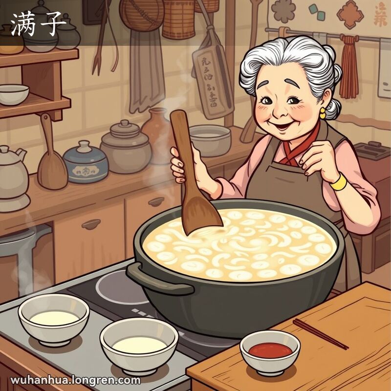 一位武汉奶奶在厨房里煮粥，粥面上凝结了一层“满子”，背景是温馨的传统厨房