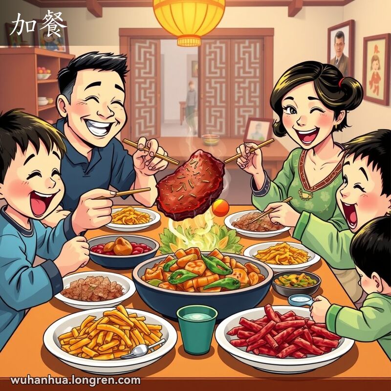 一家人围坐在餐桌旁，享受丰盛的加餐，父亲手持大块肉，笑容满面，背景是温馨的家庭环境