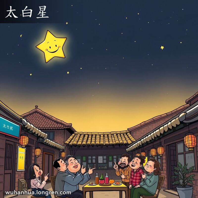武汉夜空中一颗明亮的星星高挂，街道上居民仰望星空，背景是传统建筑和灯笼