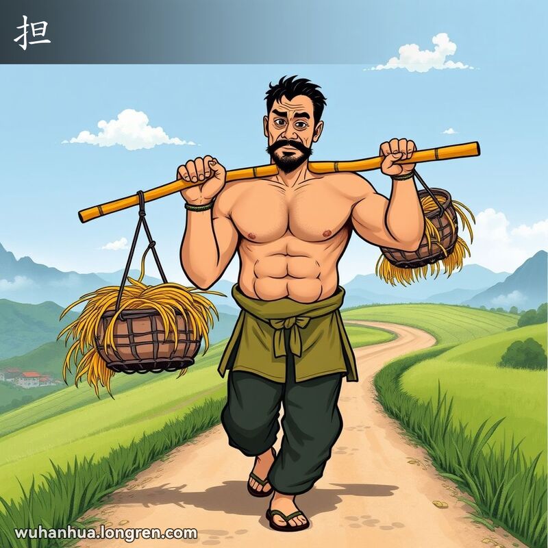一位强壮的武汉男子肩挑扁担，两端挂着沉重的米篮，行走在乡间小路上，背景是田野和山脉。