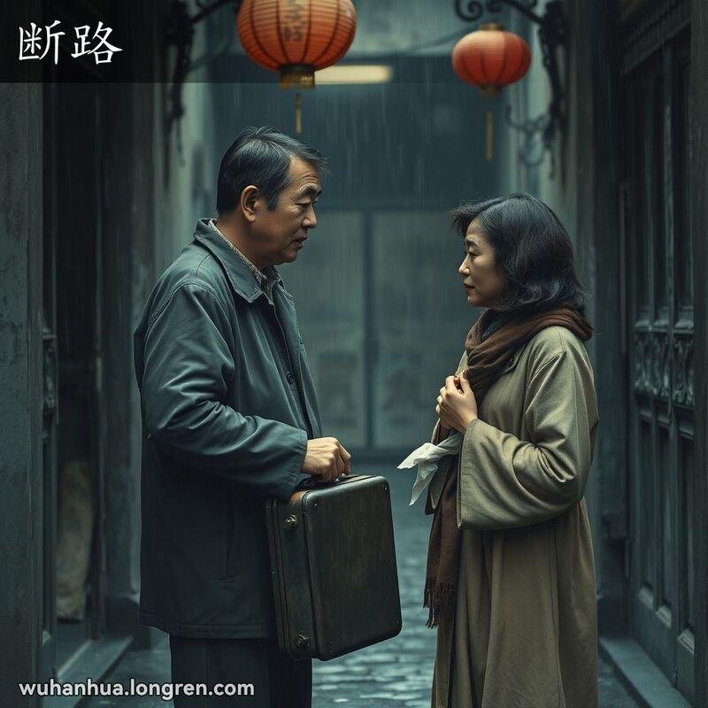一对中年男女在武汉老巷子里泪别，男子手持行李箱，女子握着手帕，背景是阴雨绵绵的老街和昏暗的红灯笼
