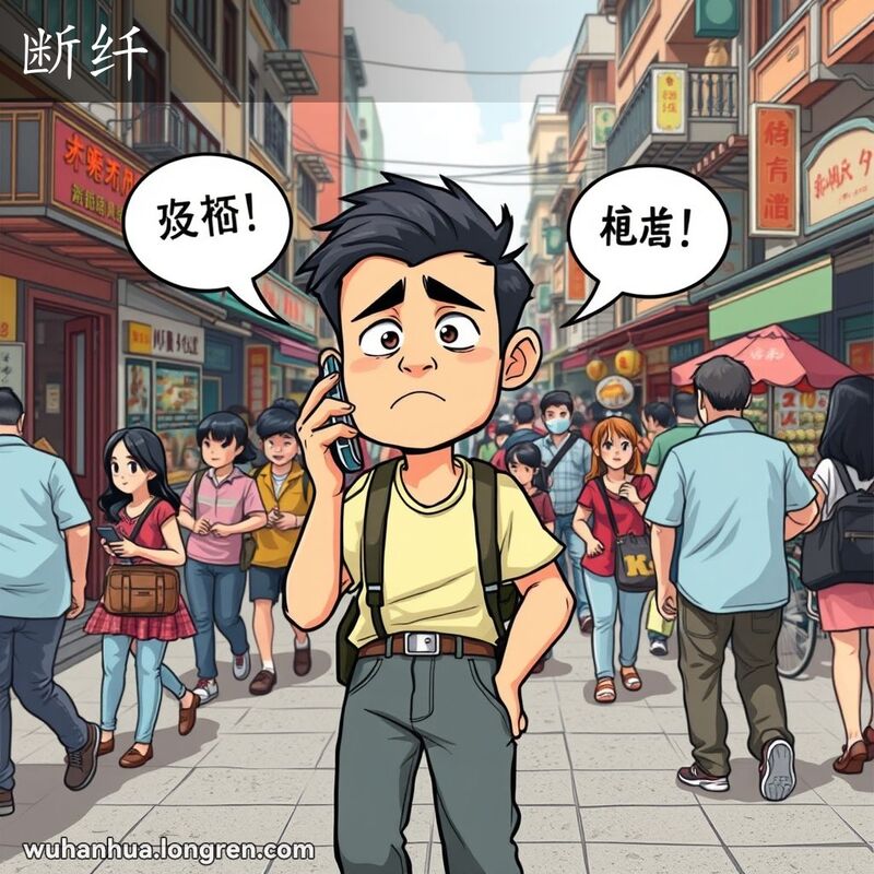 一位男子在武汉街头试图用手机通话但信号中断，表情恼怒，背景是繁忙的街景