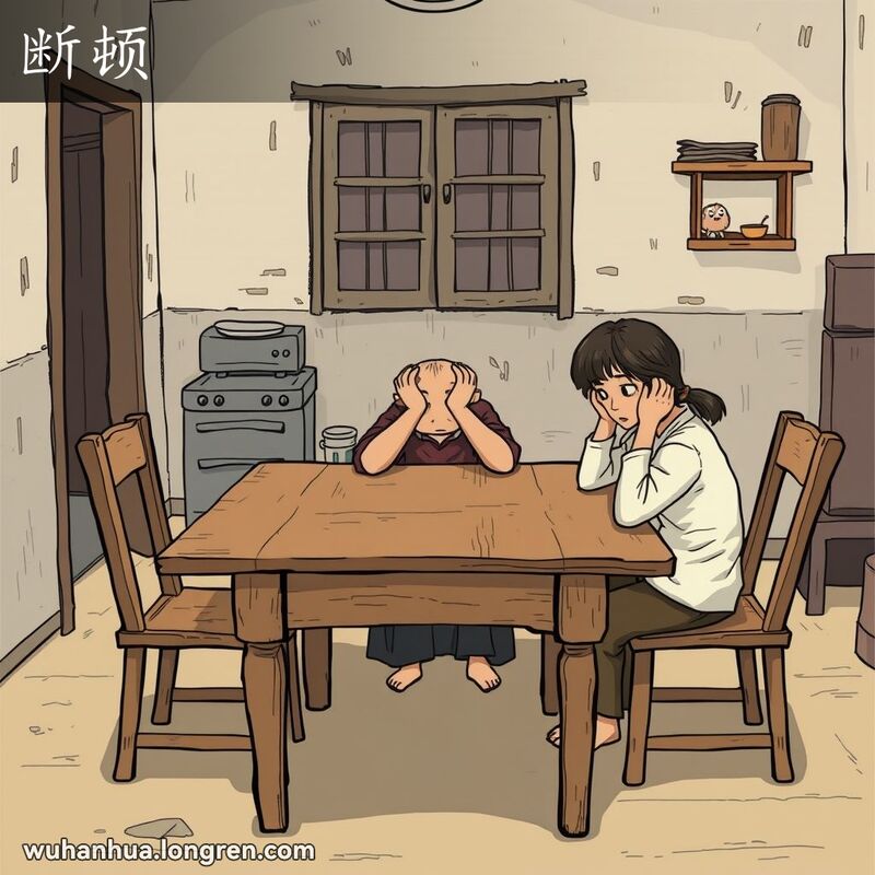 一个贫困家庭的厨房，桌子上空无一物，母亲坐在旁边，双手抱头，神情焦虑，背景是简陋的老房子