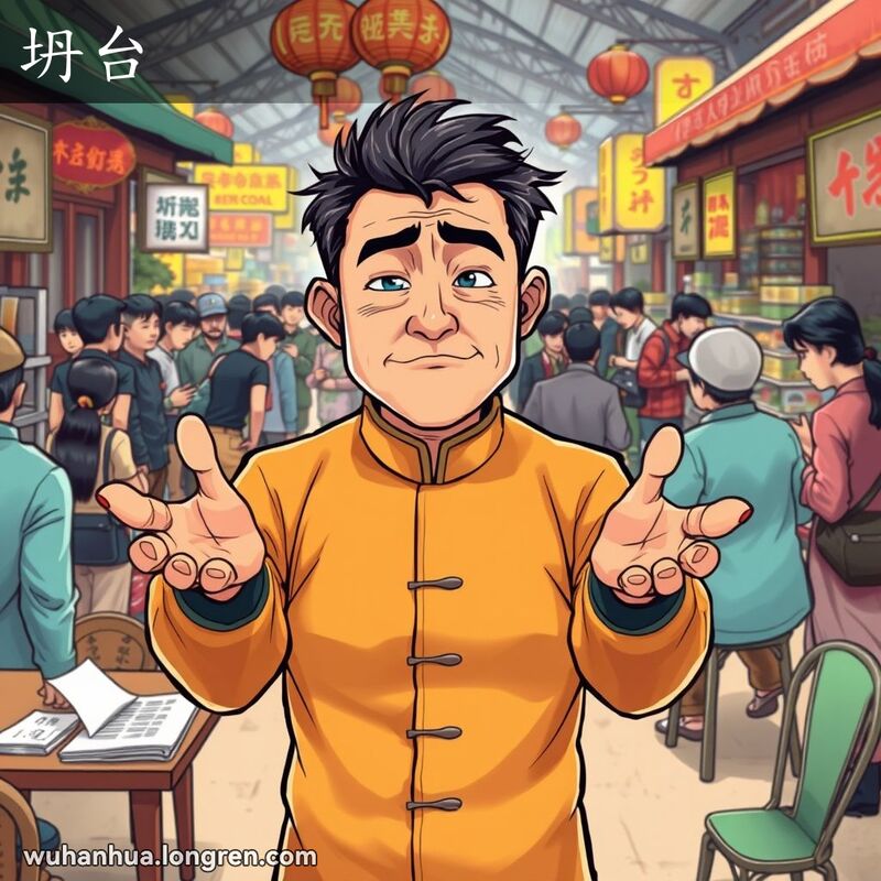 一位身穿传统服饰的男子在市场中谈判，表情无奈，做出让步的姿态，背景是武汉的市场景象