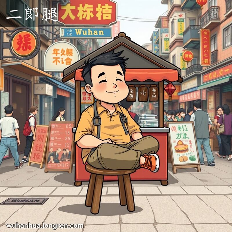 一位武汉男子坐在街边小摊前的木凳上，双腿交叉摞起，展示“二郎腿”姿势，背景是武汉老街景
