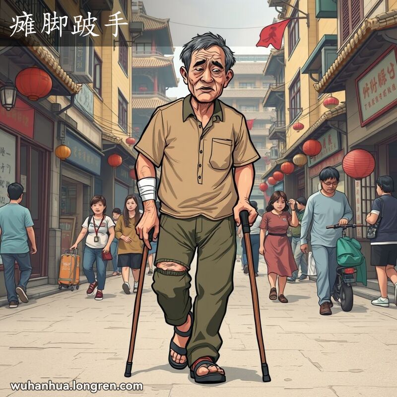 一位武汉男子跛行，手臂虚弱，使用拐杖行走，背景是繁忙的武汉街道