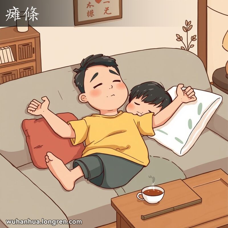 一位武汉市民躺在沙发上，四肢伸展，面露疲惫和放松的表情，背景是温馨的客厅