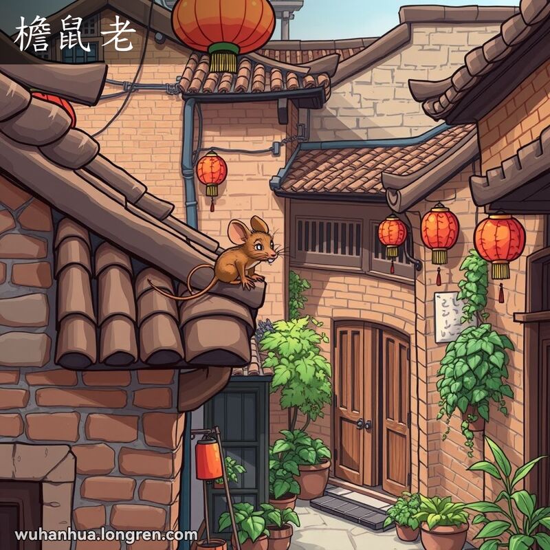 一只小老鼠站在武汉老街巷的屋檐上，好奇地向下张望，背景是红砖墙和老木门