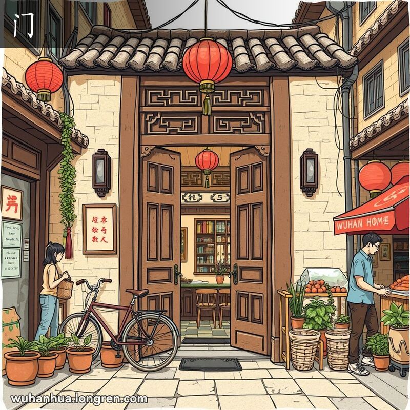 一条传统的武汉街道，焦点是一扇精致的木门，门上挂着红灯笼，周围有自行车、盆栽和小吃摊，背景是忙碌的人们。