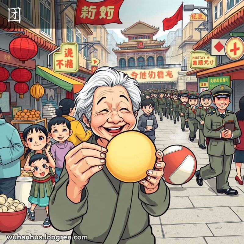 武汉街头市场，老奶奶手持圆包子，孩子们玩球，军队阅兵，象征“团”的多重含义。