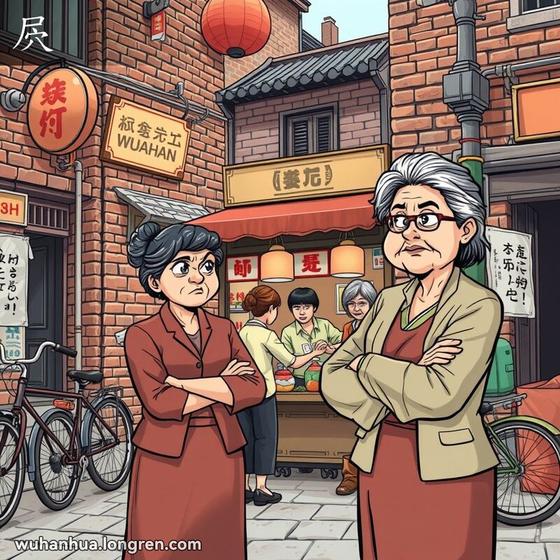 一位中年妇女在武汉老街小摊前，对争吵的女子投以不屑的目光，背景有自行车和传统建筑