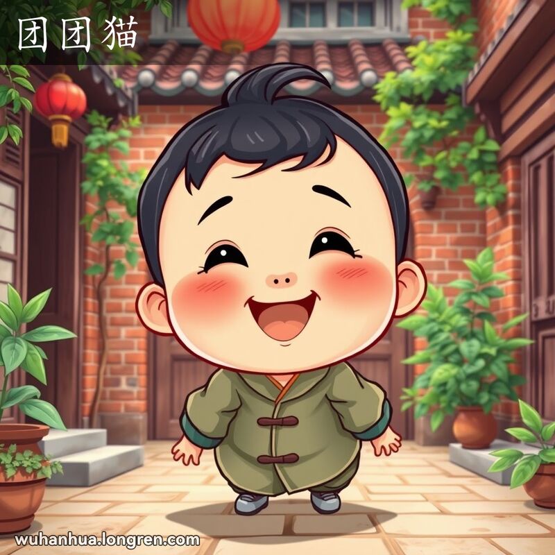 一位圆脸蛋的孩子在武汉老院子里玩耍，背景有红砖墙和绿植