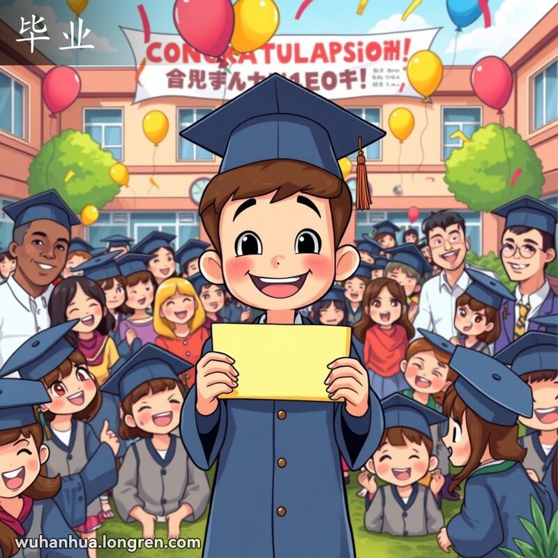 学生们身穿毕业服和毕业帽，手持毕业证书，脸上洋溢着笑容，背景是学校的操场，挂着庆祝毕业的横幅，气氛热烈，充满了气球、彩带和五彩缤纷的装饰。