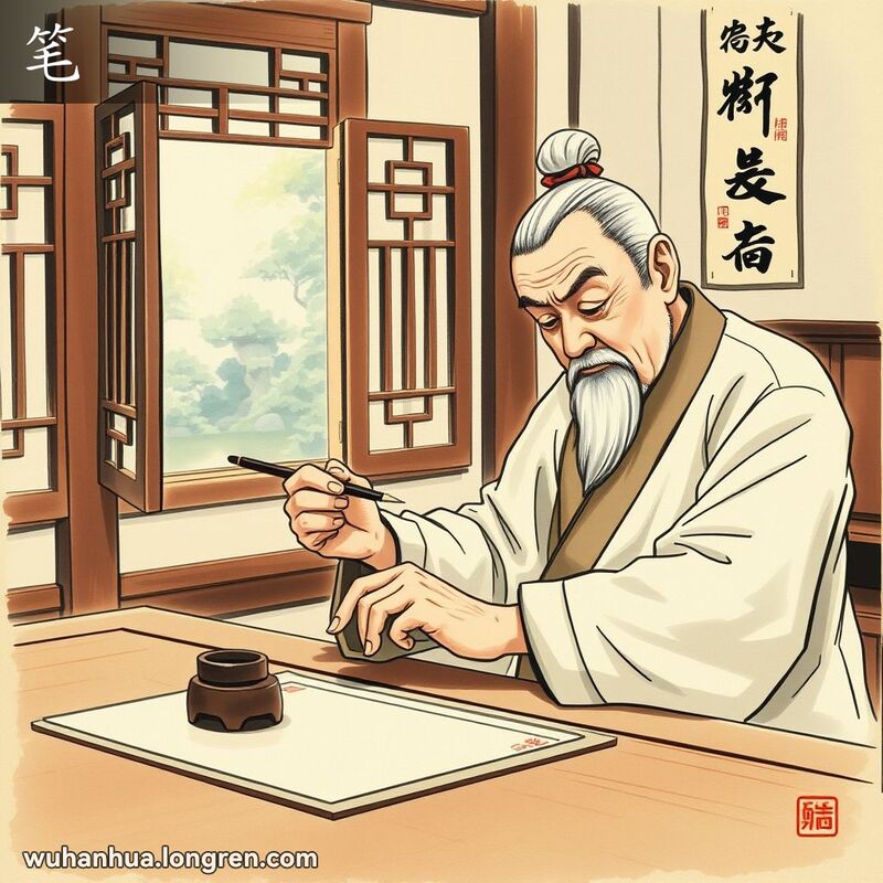 一位老者在书房中专注地进行书法创作，手持毛笔，旁边有砚台和笔架，窗外是宁静的庭院。