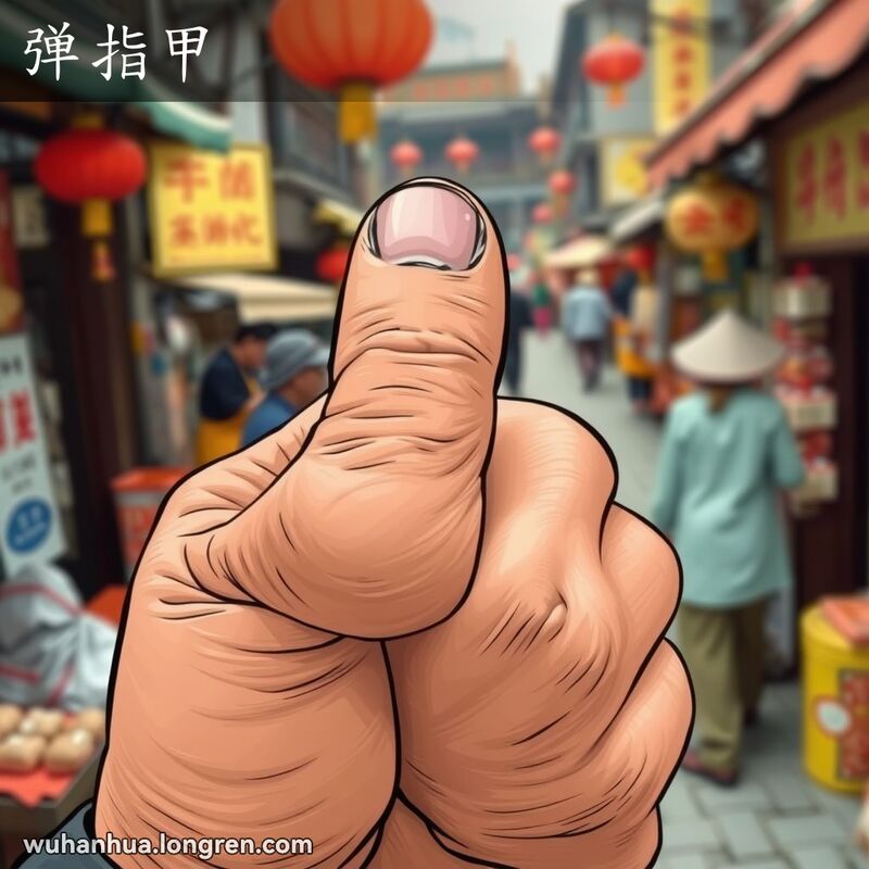 一只手的拇指指甲紧贴中指面，准备用力弹开，背景是模糊的武汉街市