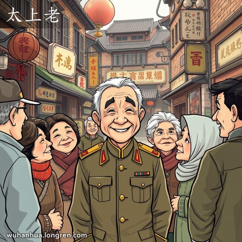 一群武汉居民在老街上聊天，一位穿军装的老人是焦点，背景有老砖墙和复古招牌
