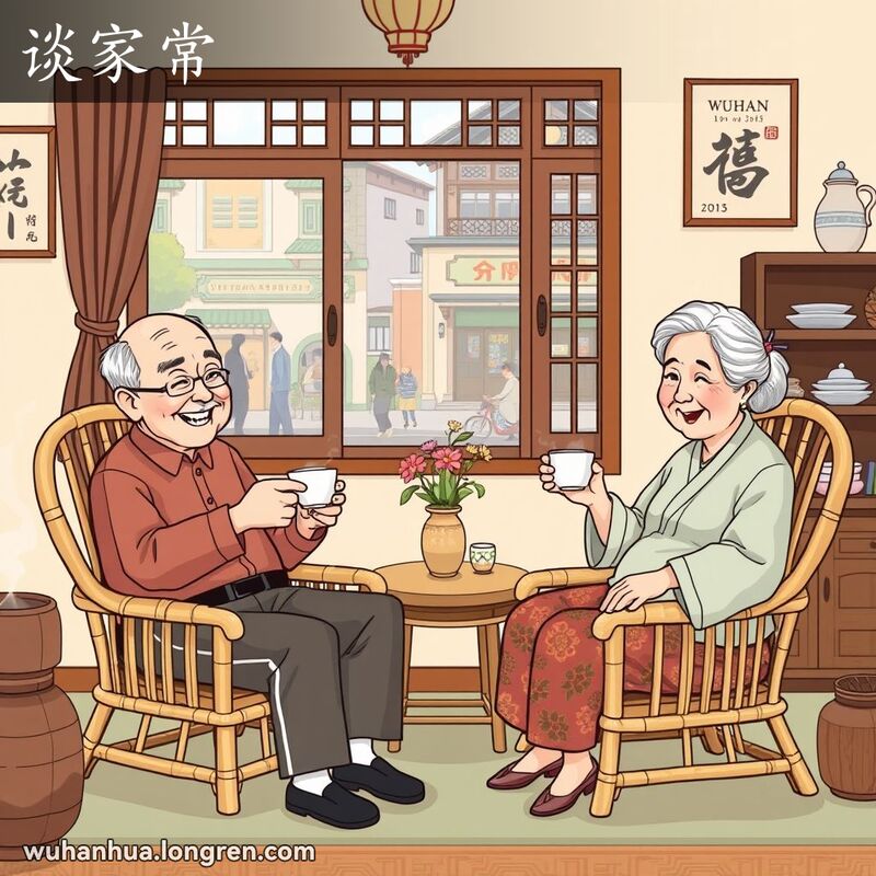 两位武汉老人在客厅中喝茶闲谈，背景是武汉街景和鲜花装饰的小桌子