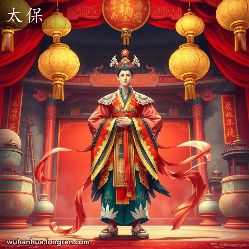 传统戏曲舞台上，一位身穿华丽戏服的男性角色自信地站立，背景有中国乐器和古建筑