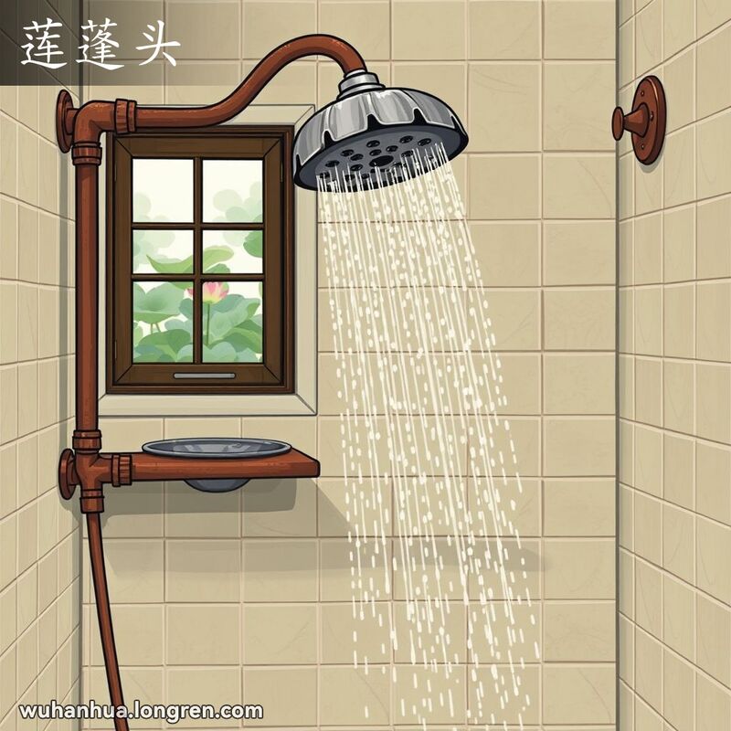 传统武汉浴室中的老式淋浴喷头，形状像莲蓬，水雾喷洒，背景有莲花池