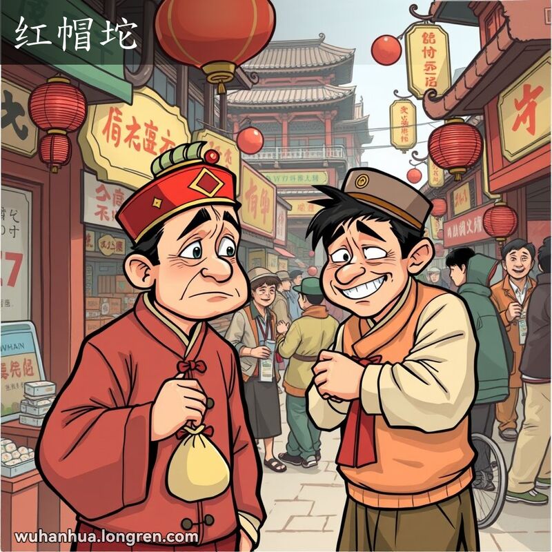 一个戴红帽子的男子在市场中被欺骗，背景是武汉老街市场