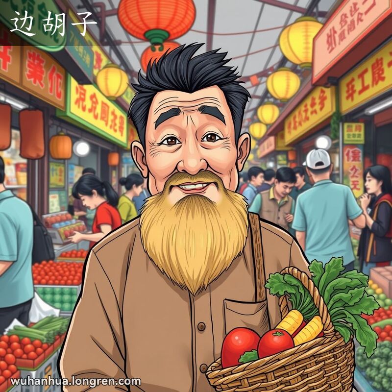 一位中年男子站在武汉市场中，嘴边长着一撮胡子，背景是热闹的市场摊位